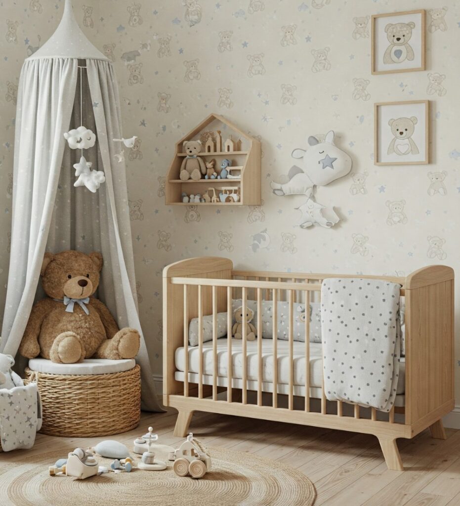 Photo of a bear themed baby nursery with wooden crib and decor 