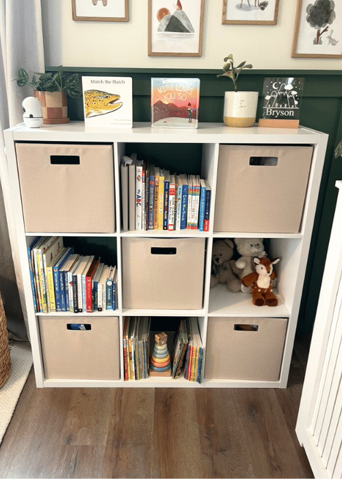 Picture of a nine cube organizer with bins and books 