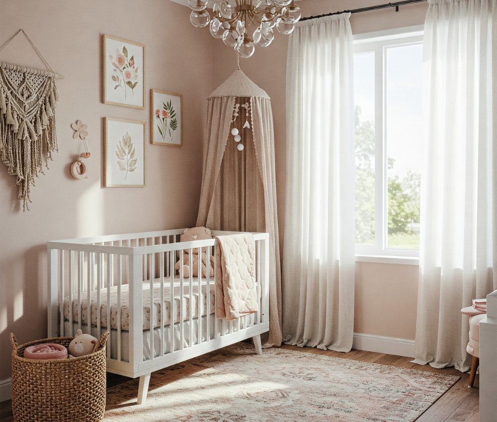 Photo of a white, pink, and beige baby nursery. 