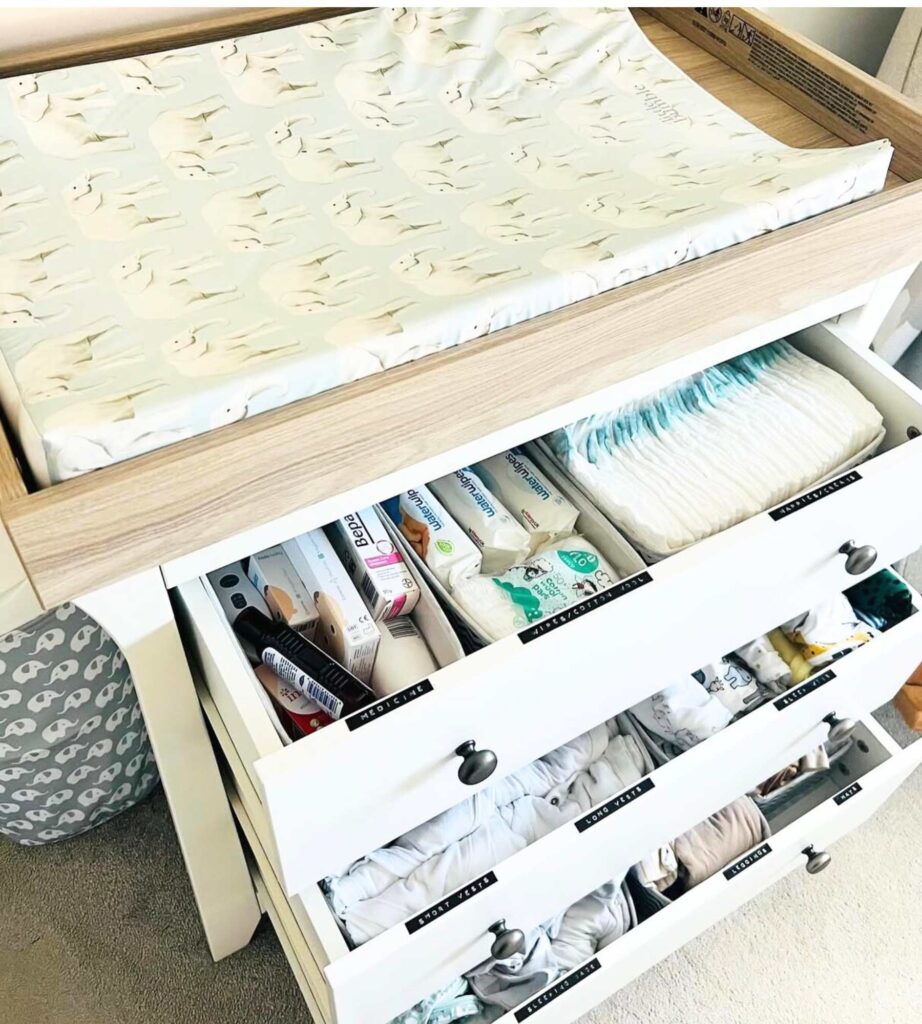 Nursery drawer organization with labels