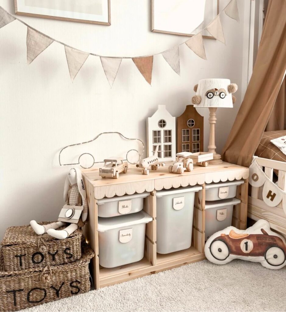 Nursery floor toy storage with white bins
