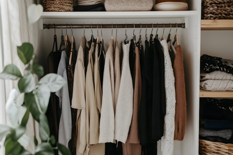Closet with clothes hanging