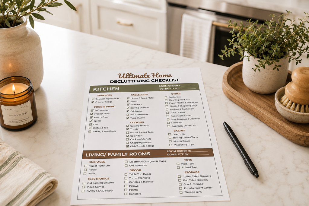 Decluttering checklist printable on a kitchen counter with completed kitchen tasks