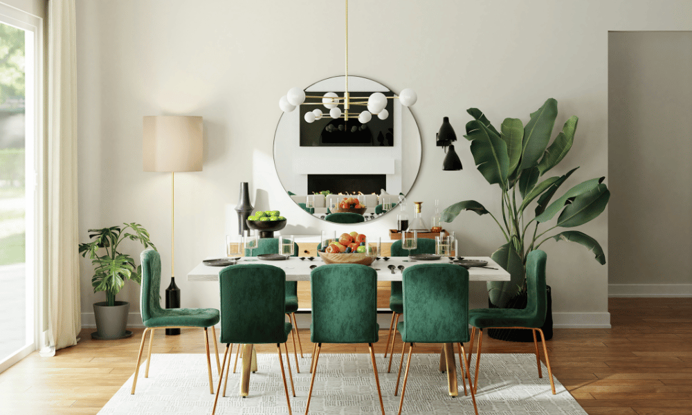 Picture of a modern dining room with a table, chairs, a lamp, and mirror.
