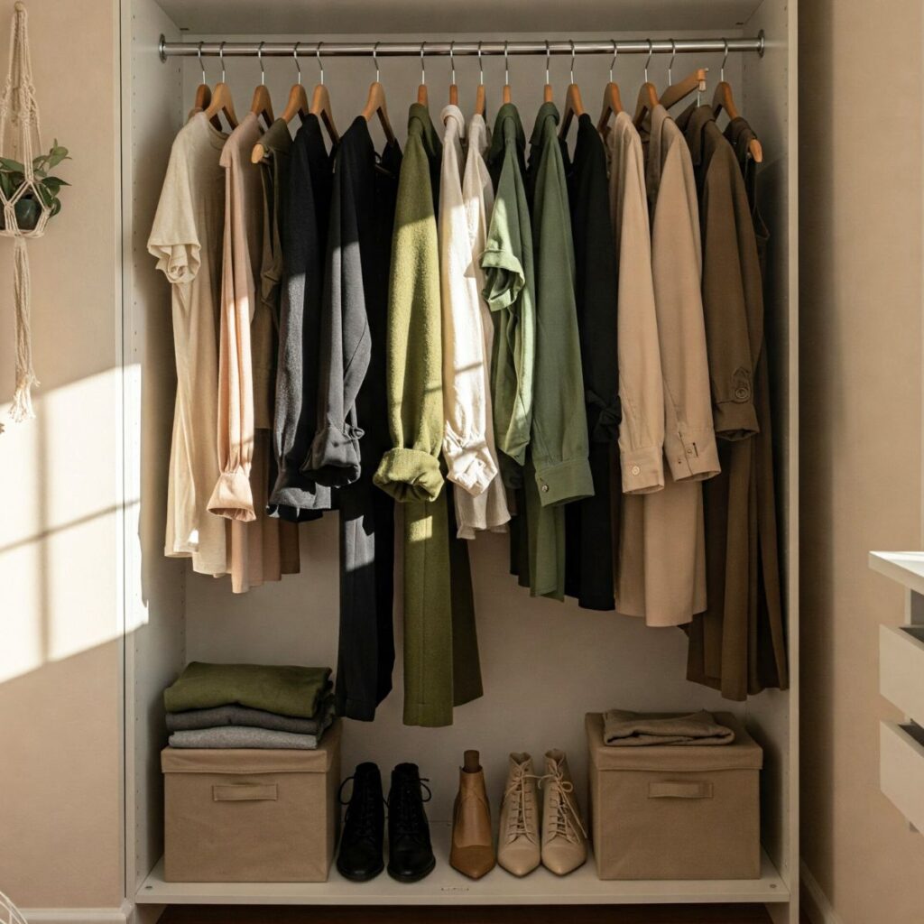 Picture of an earth toned closet with green, black, tan, and white clothes.