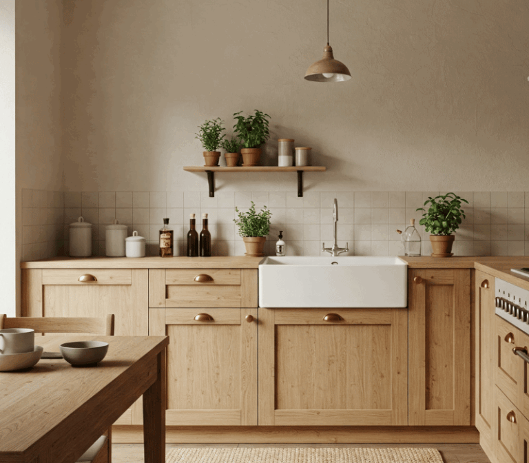 Tan earthy kitchen with plants