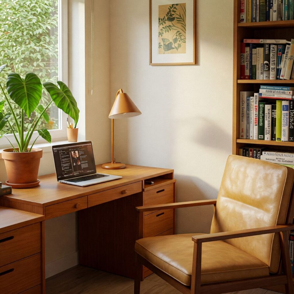 Picture of an office with a desk, chair, and bookshelf.