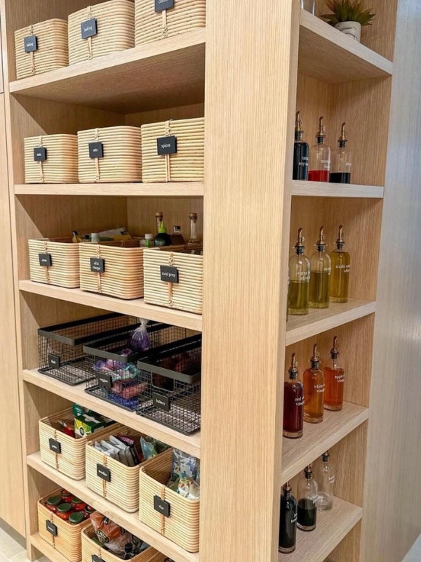 Visible organized pantry with pantry items stored in baskets and oils stored in oil dispensers.