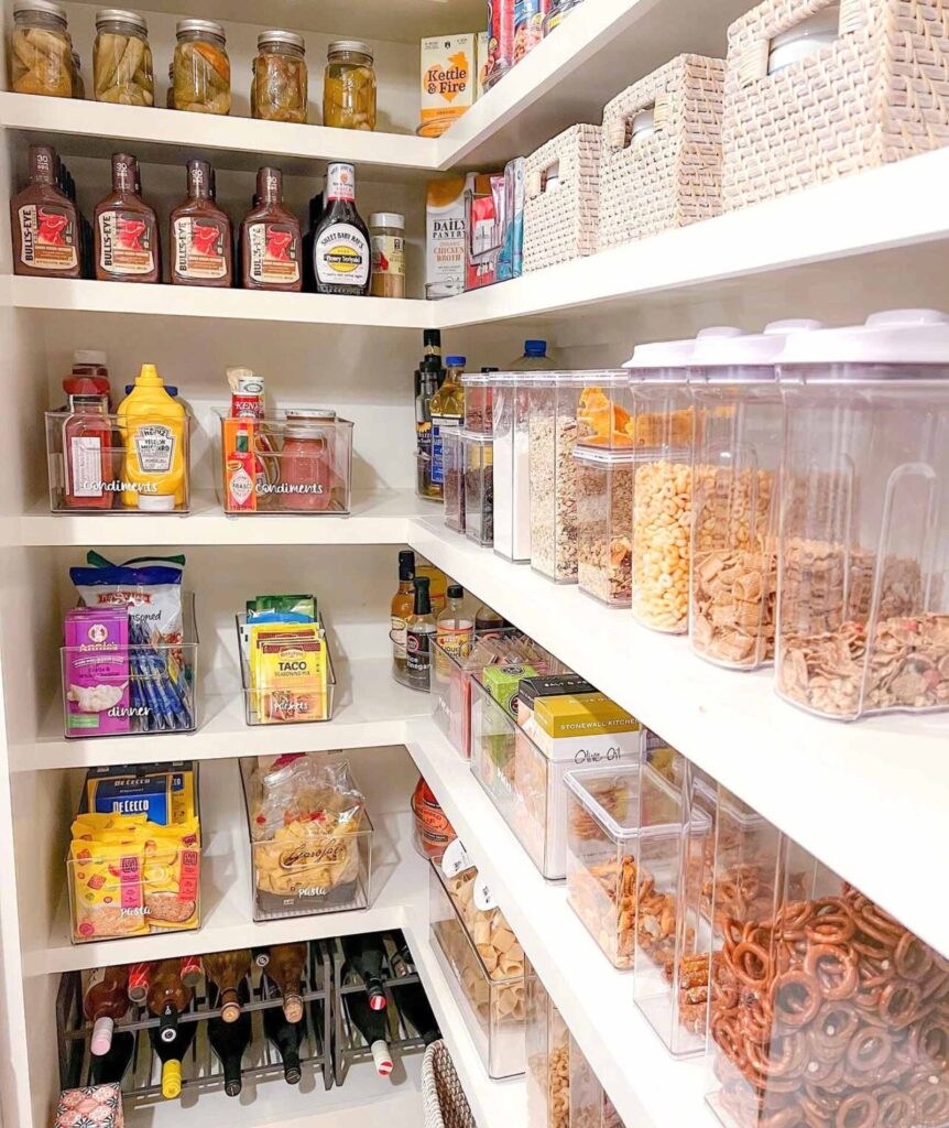 Walk in kitchen pantry with food items stored on shelves