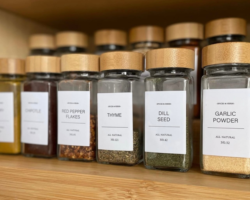 Spices in jars with aesthetically pleasing labels