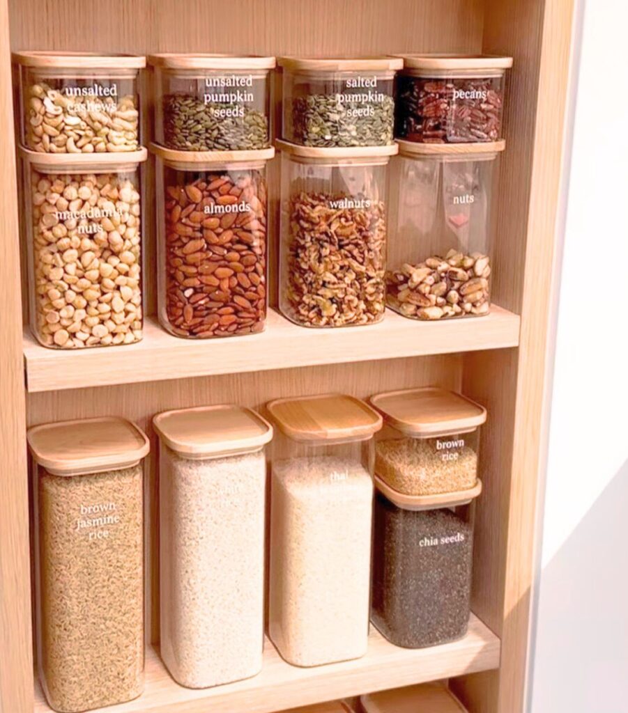 Pantry food stored in stackable bamboo containers