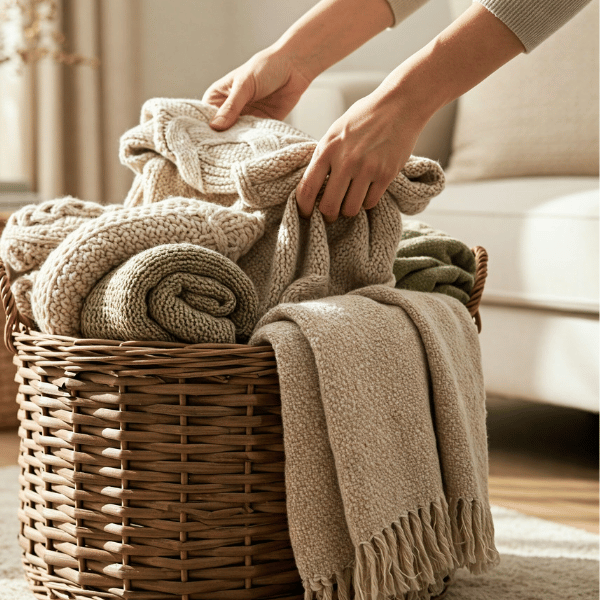 Picture of a person decluttering a throw blanket basket in the living room