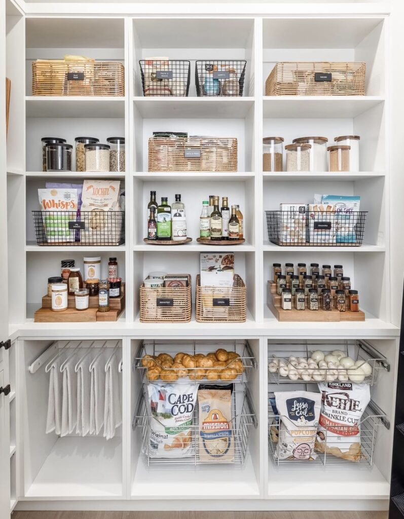 Large walk in kitchen pantry with organized pantry items