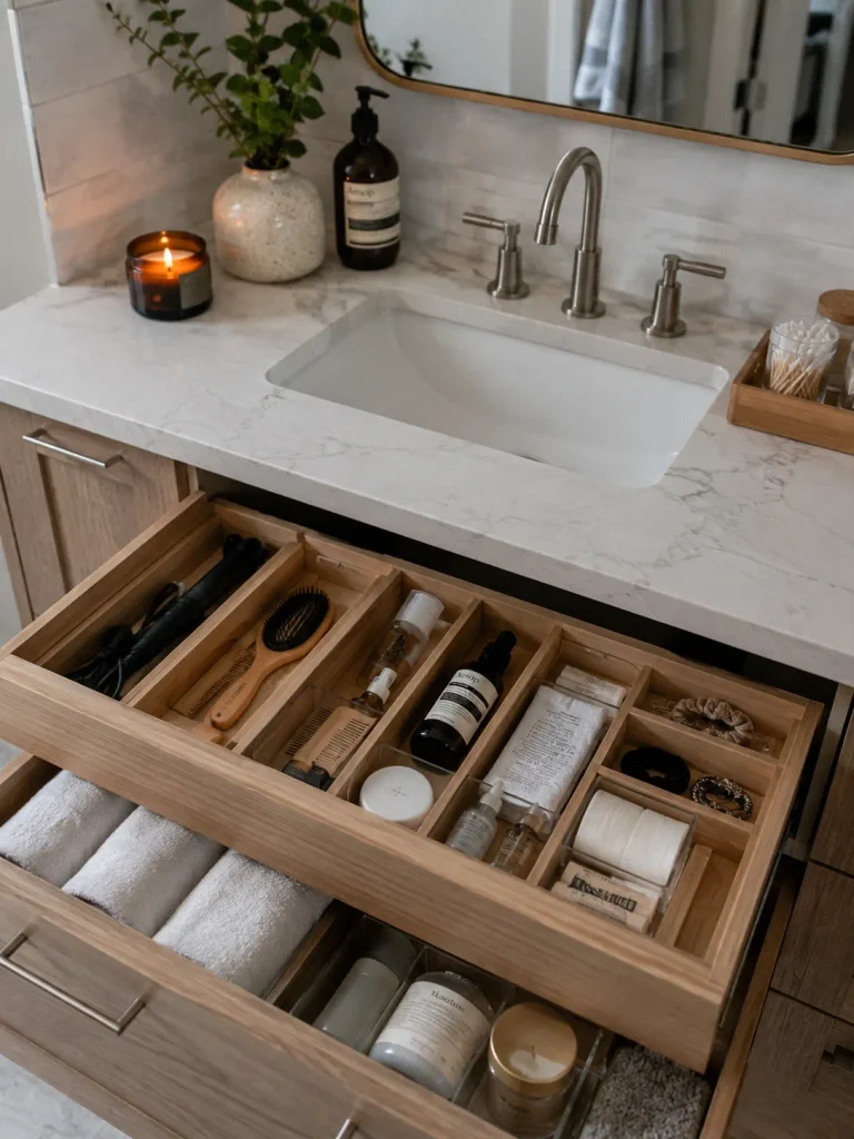 Bathroom vanity drawers organized and decluttered