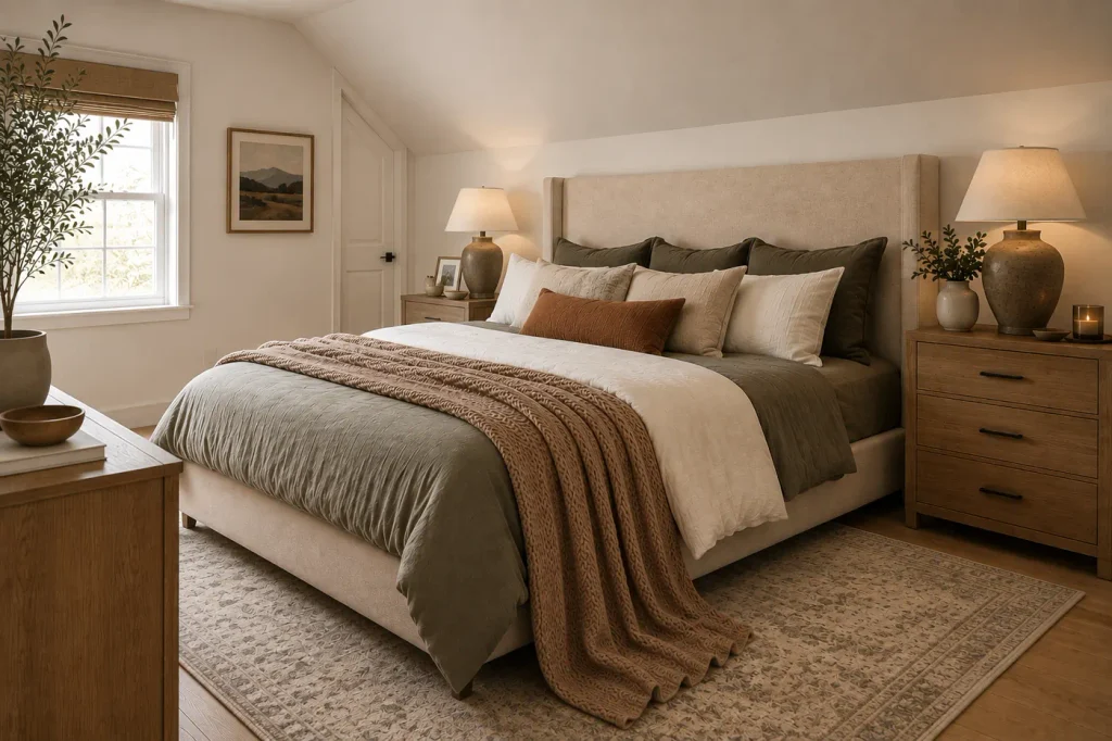 Decluttering a neutral bedroom to make it organized and neat. 
