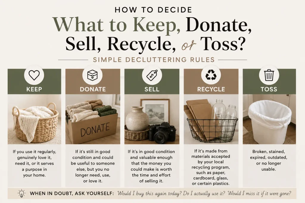 Infographic of how to decide what to keep, donate, sell, recycle or toss when you declutter. 