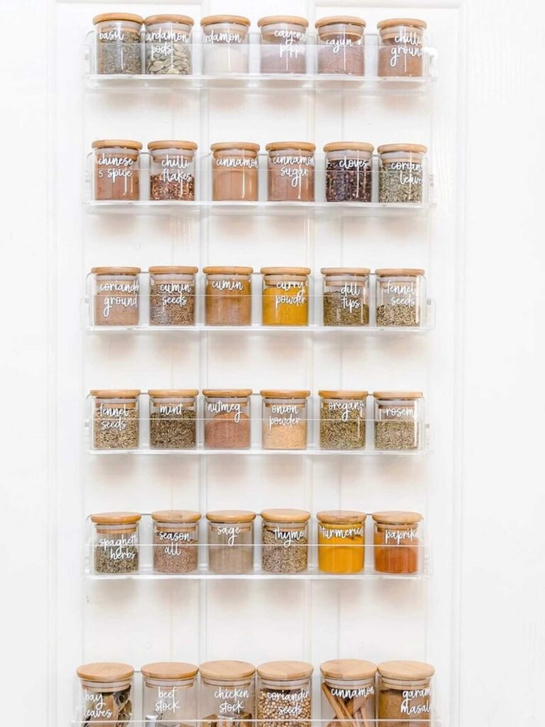 Spices organized on acrylic clear shelving