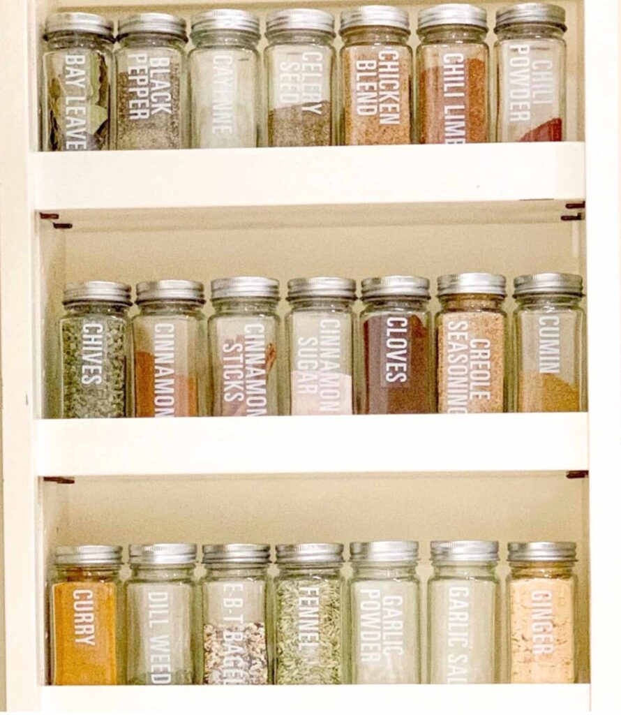 Spices organized on shelving alphabetized