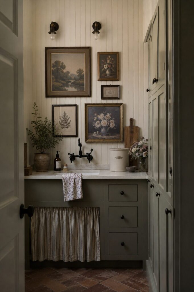 Country pantry with vintage wall art on the wall.