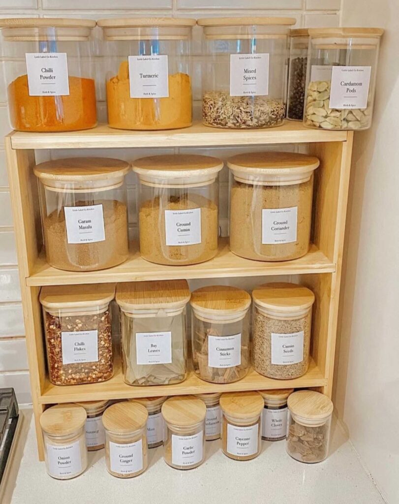 Spices stored on kitchen counter Shelving