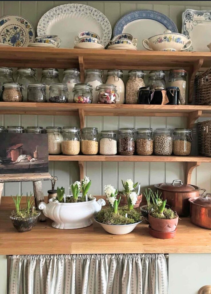 Country pantry with many pantry staples stored in glass jars, china, baskets, plants, and pots.