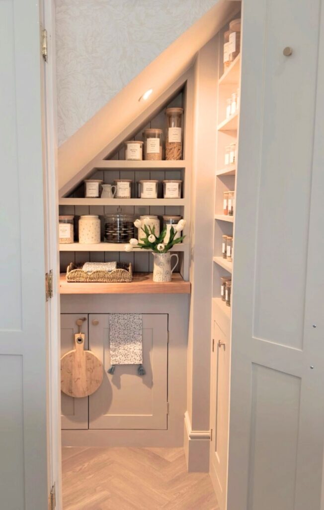 Country pantry closet under the stairs with matching jars and labels, and cute decor.