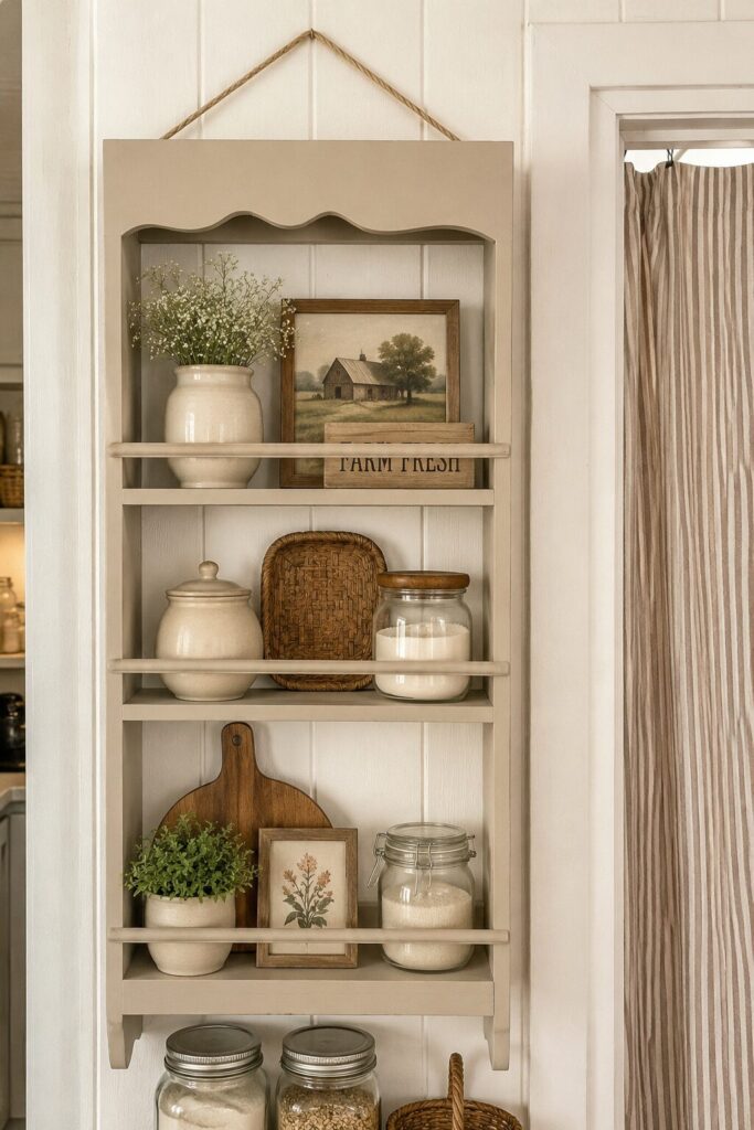 Country pantry organized on wall shelving instead of in a walk in pantry. 
