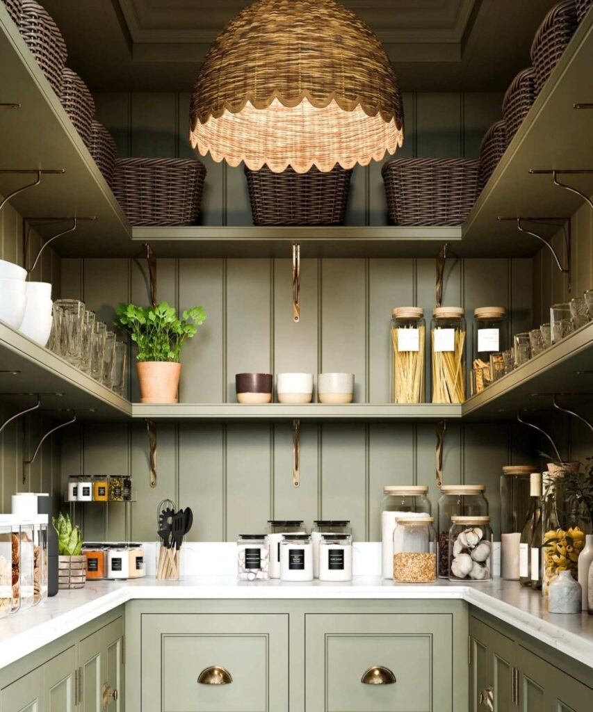 Warm green country pantry with gold shelving brackets, open shelves, cabinets, baskets, jars, drinking cups, spices, and food items.