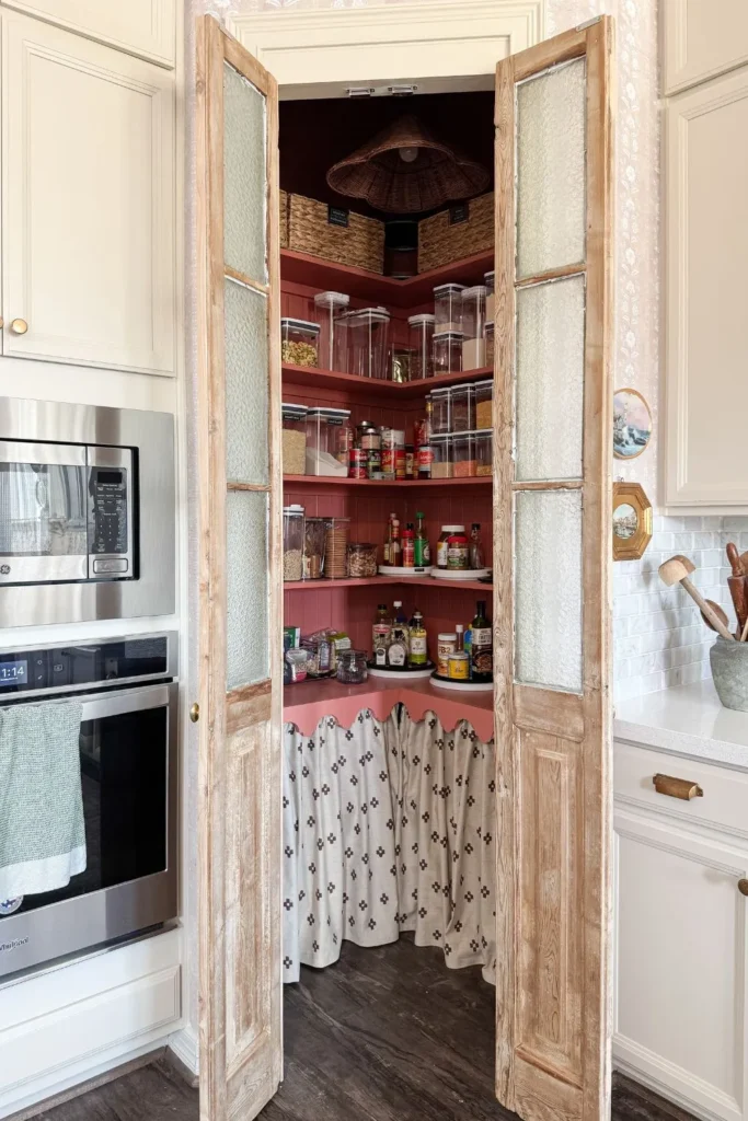 Country style pantry with pantry organizers, pantry staples on the shelves, woven bins, gingham pantry curtain, beadboard paneling and country light fixture.
