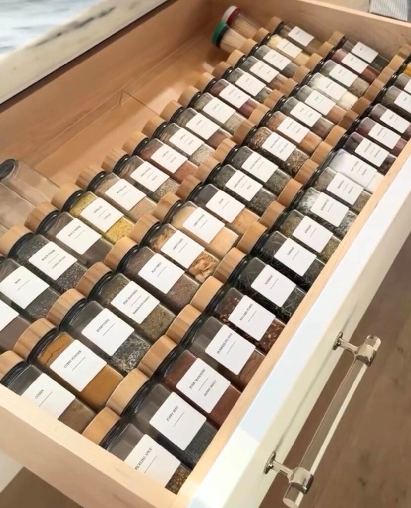 Kitchen spices organized in a large drawer on a drawer shelving insert