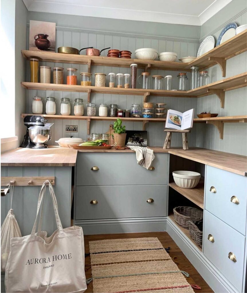 Country cottage pantry in light blue with wood shelving, glass jars, plates, bowls, drawers, a cookbook, and produce.