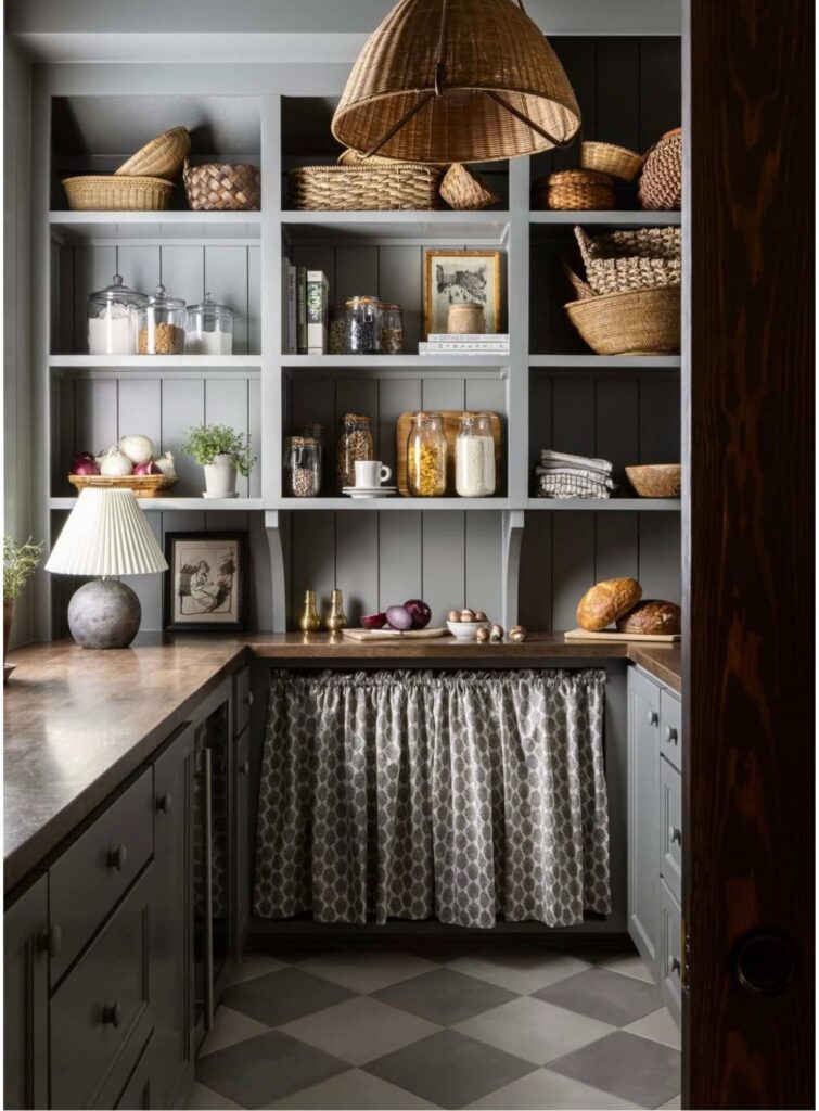 Light blue country pantry with woven baskets, jars, a lamp, and a woven light fixture.