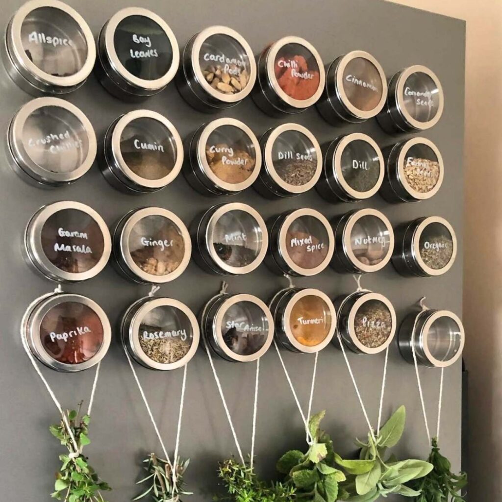 Magnetic spice holders on the fridge