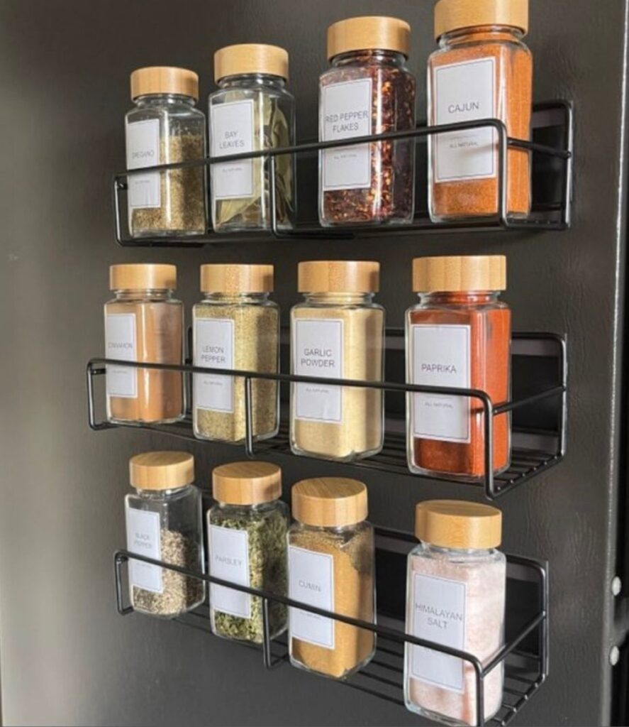 Kitchen Spice organization idea spices stored on magnetic shelving for fridge