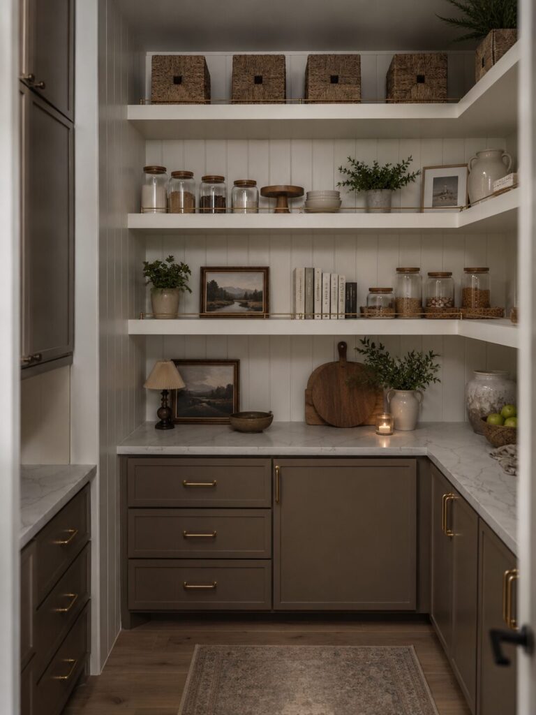 A country pantry that is designed with modern shaker cabinets and shelving with decor on the shelves. 