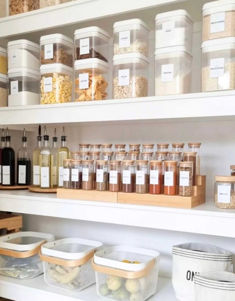 Spices on a pantry riser in a pantry