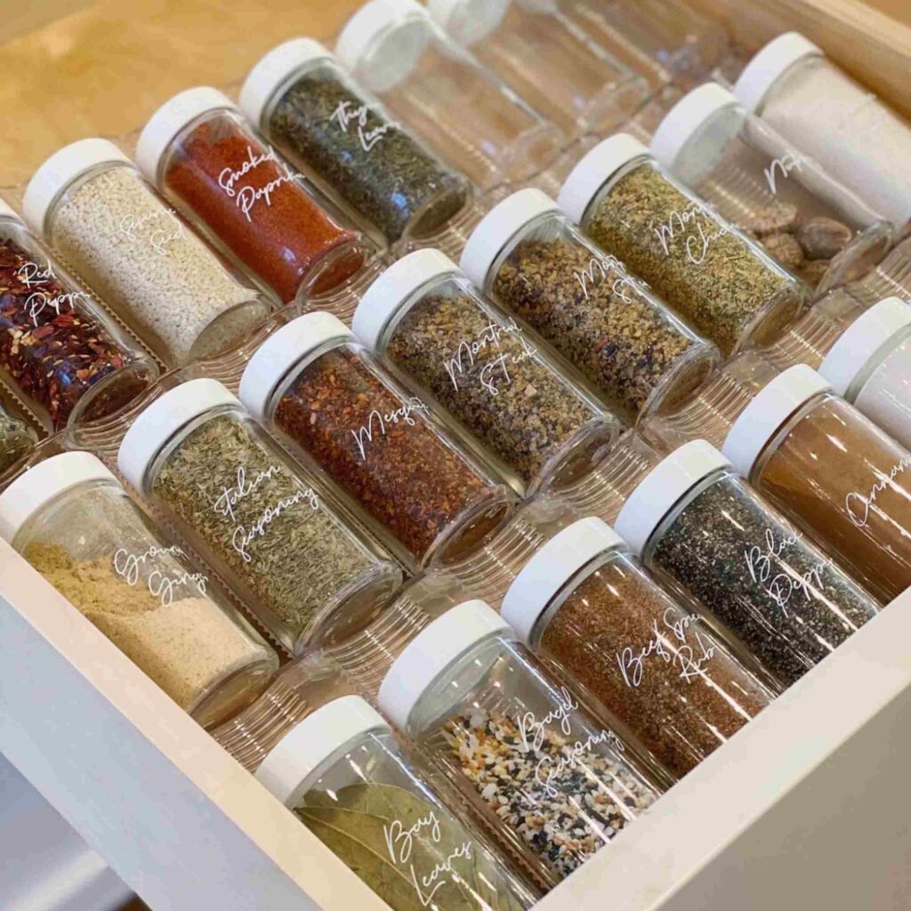 Spices in round glass jars labeled with white script font