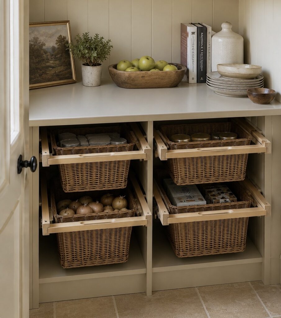 Drawers installed in a country pantry that have produce in them and other pantry essentials. 