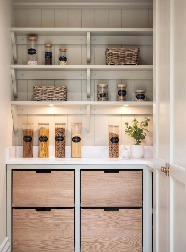 Small country pantry with drawer storage and shelving. The pantry has jars with food in them, a plant, and baskets.