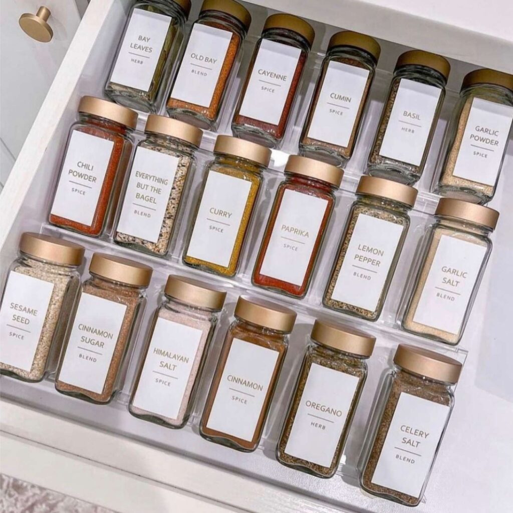 Spices organized in a kitchen drawer 