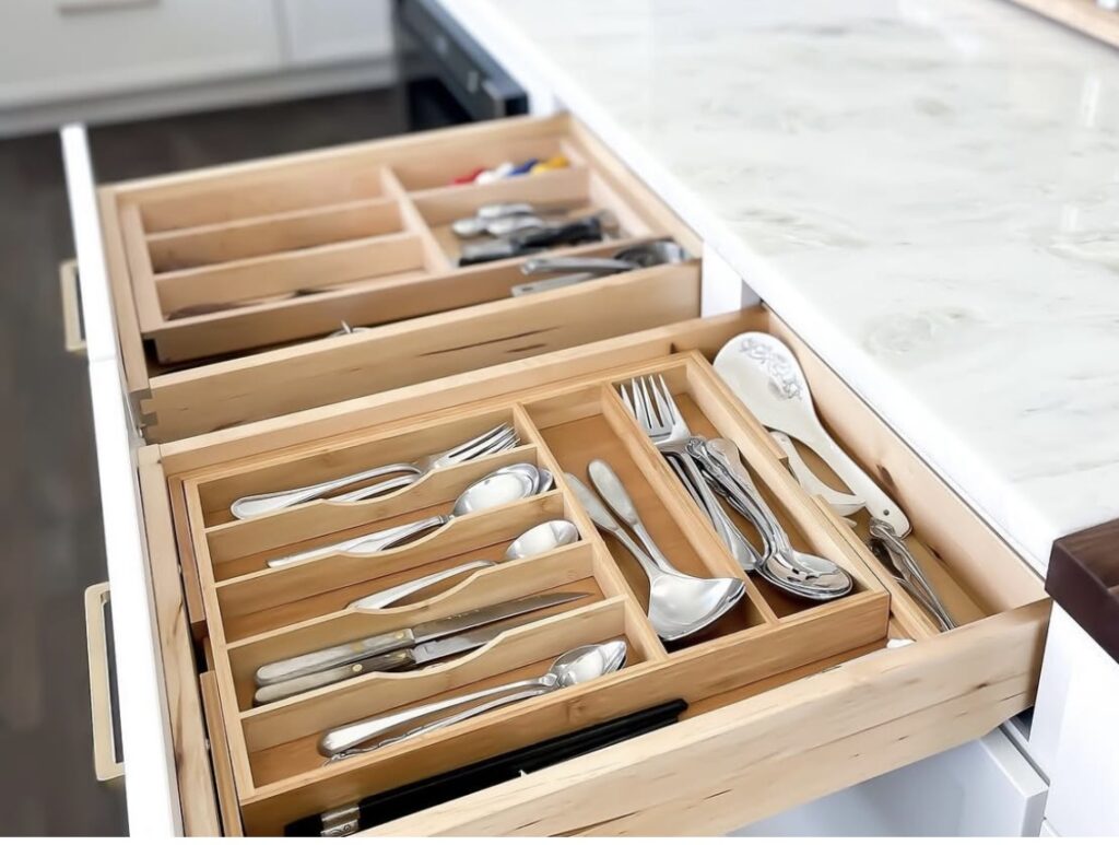 Silverware organized in a kitchen drawer with drawer inserts 