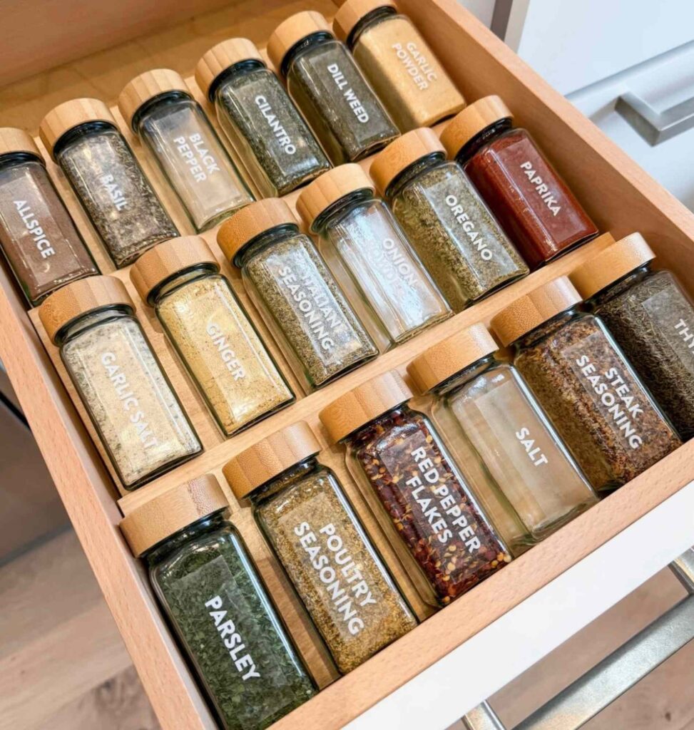 Kitchen spice jars labeled vertically in a drawer
