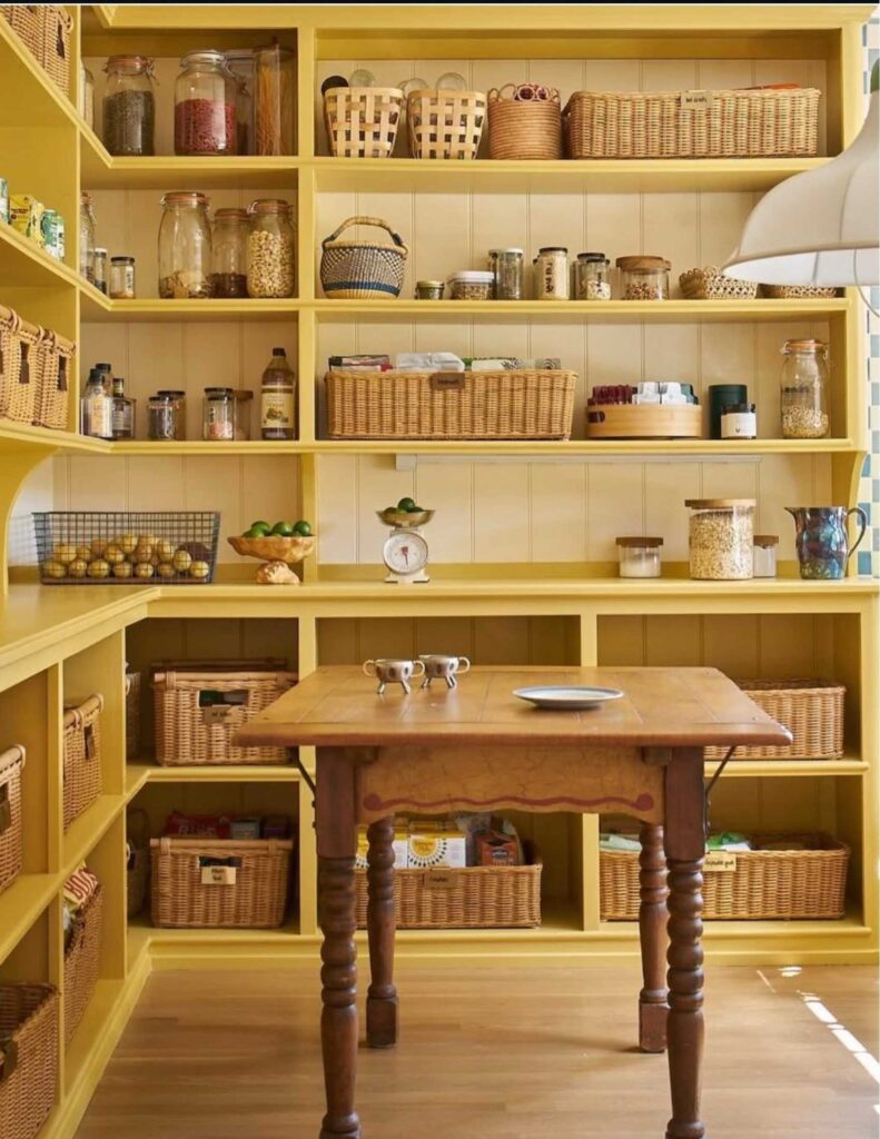 Bright yellow vintage country pantry that has bins, jars, produce, scale, lazy susan, a vintage table, and other pantry staples stored in it.