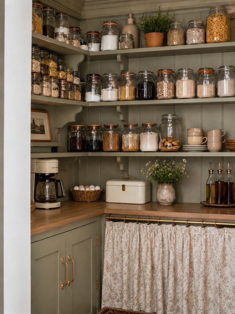 Pantry staples stored in clear jars on open pantry shelves in a country pantry. 