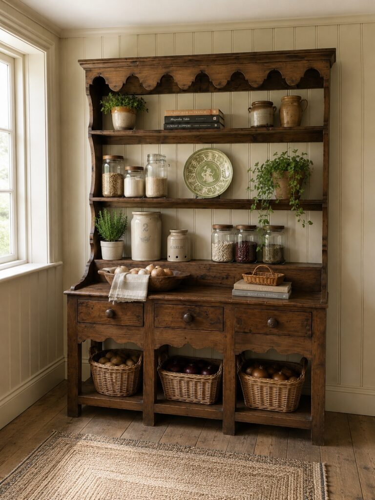 An antique country hutch that has pantry items stored on the shelving. 