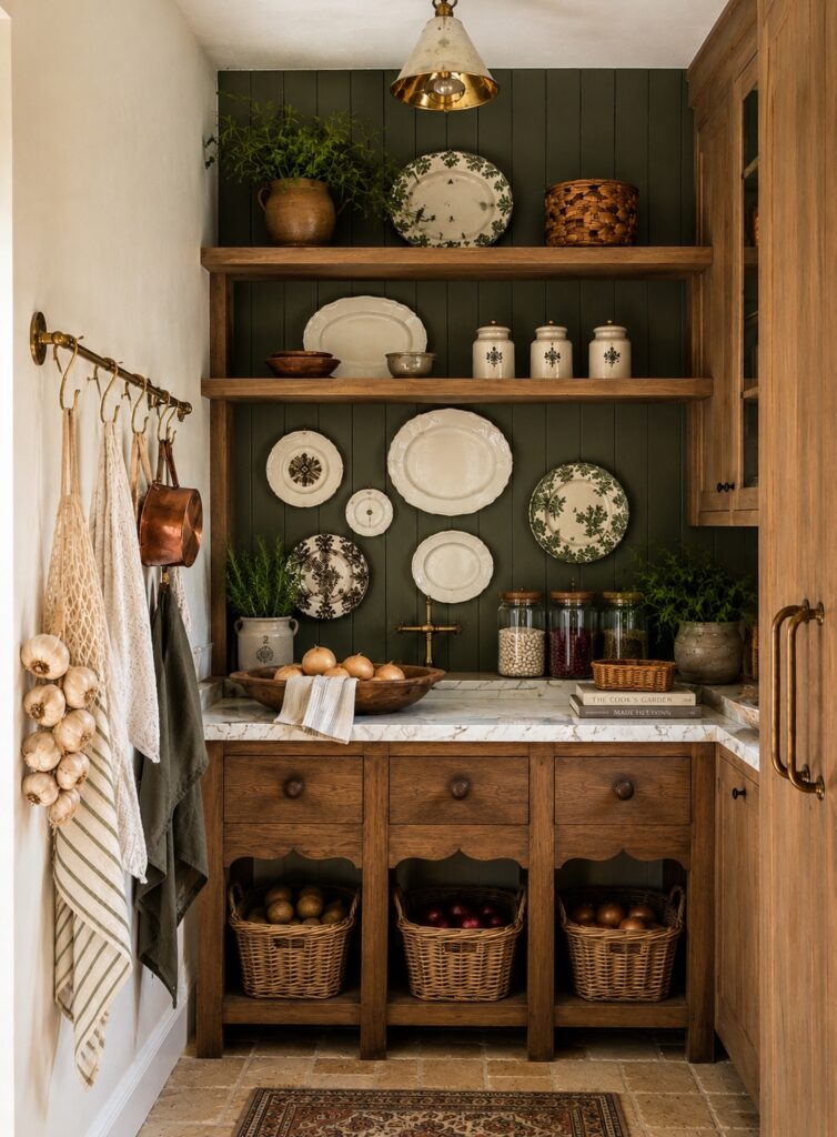 A country pantry displaying pretty dinnerware on the wall and on shelves. 