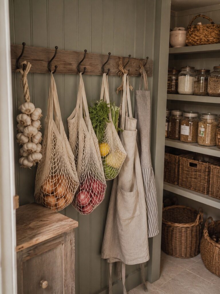 Country pantry with wall hooks that have garlic beads, mesh produce bags with produce in them, and aprons hanging from the hooks. 