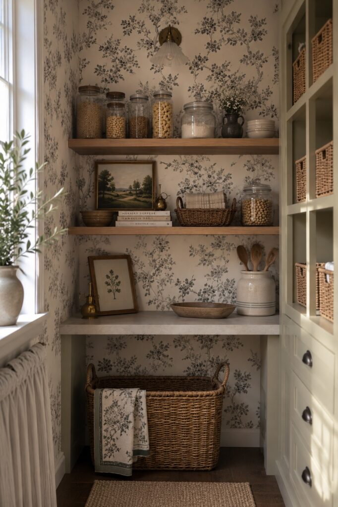 Country pantry that uses floral wallpaper 