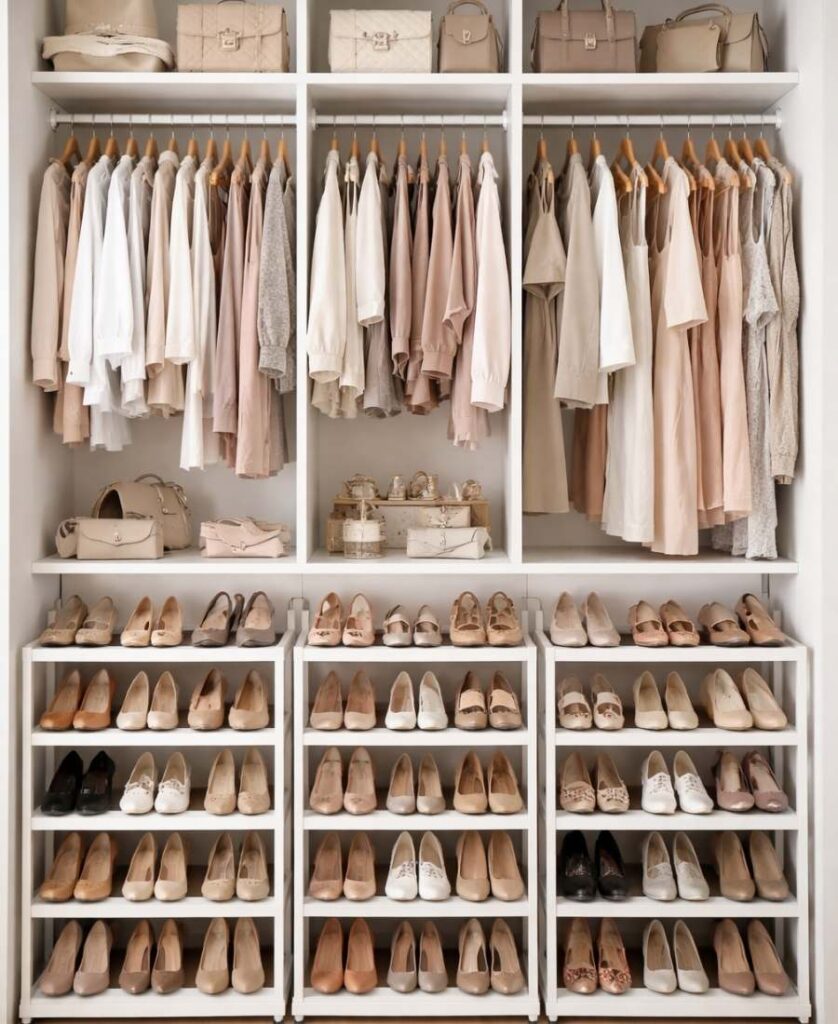 Closet With three white shoe racks that have four tiers