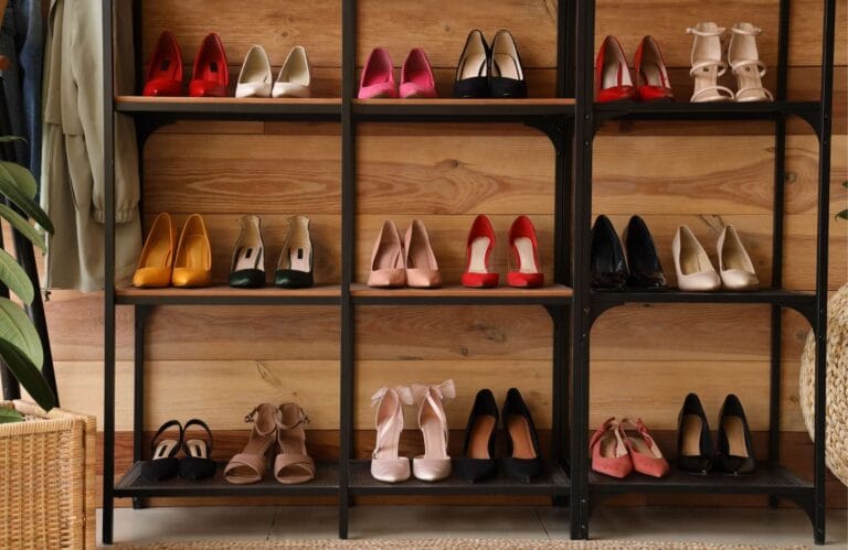 Shoes organized on a bookshelf